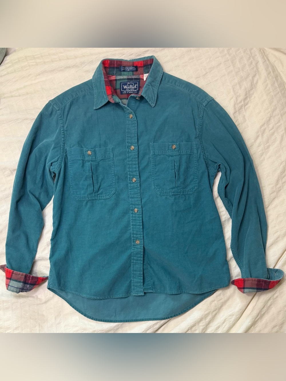 Vintage 90s Woolrich Woman Teal Corduroy Plaid Shirt Size 10
